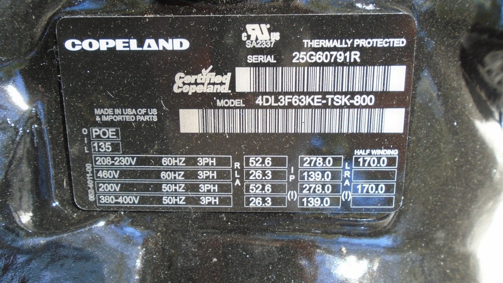 Copeland 4DL3F63KE-TSK-800 Semi Hermetic Low Temp Refrigeration Compressor 15HP