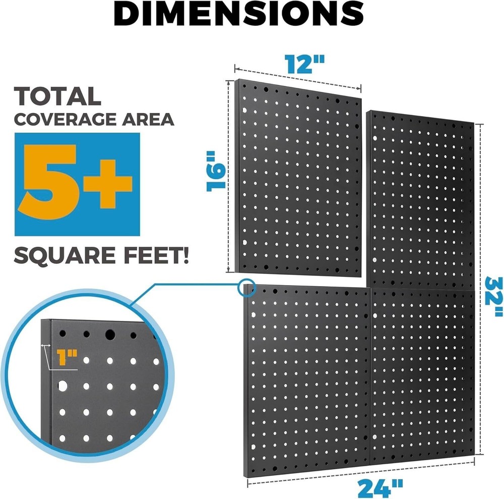 Heavy Duty 4-Panel Pegboard Wall Organizer With 32 Peg Hooks Panels Garage Tool