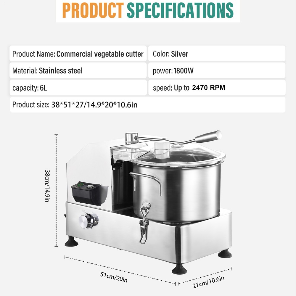 6L Commercial Food Processor Vegetable Chopper 110V Multi-Function Meat Grinder