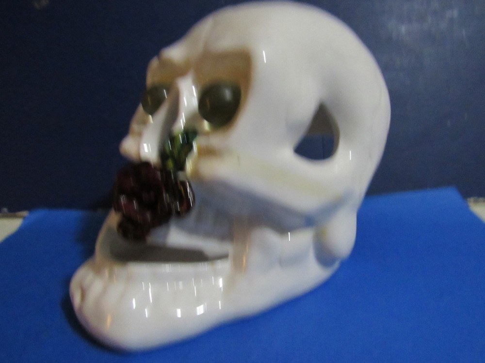 Skull with rose tea light candle holder ceramic