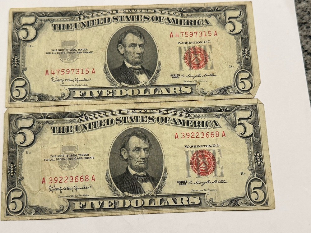 1963 $5 Dollar Red Seal Notes (2)  Good Shape (whole) D121