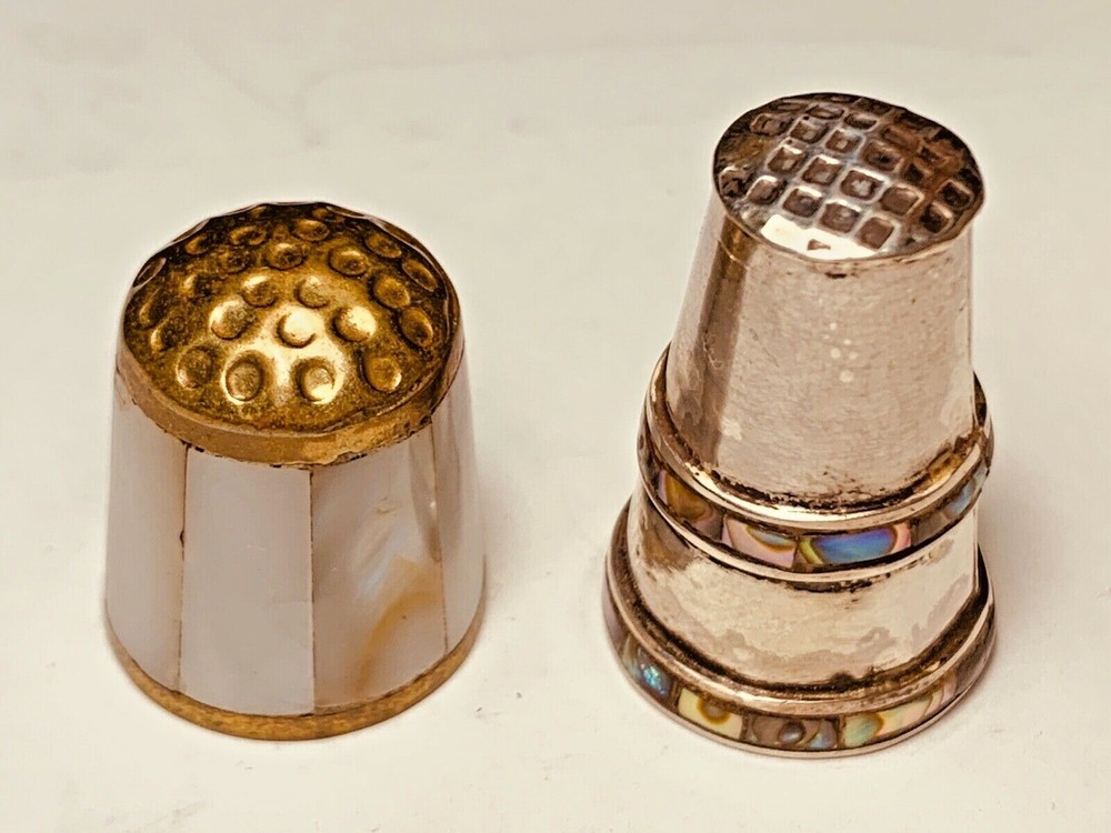 2 Vintage Mexican Silver and Abalone Thimbles