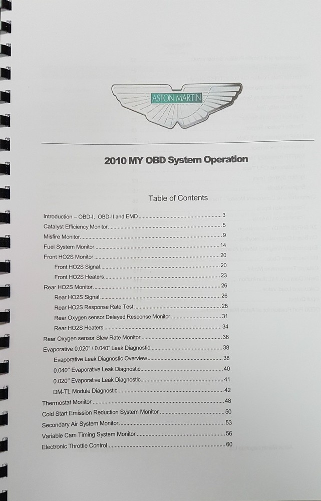 ASTON MARTIN DB9 2010 EOBD SUMMARY DOCUMENTATION & OBD SYSTEM OPERATION