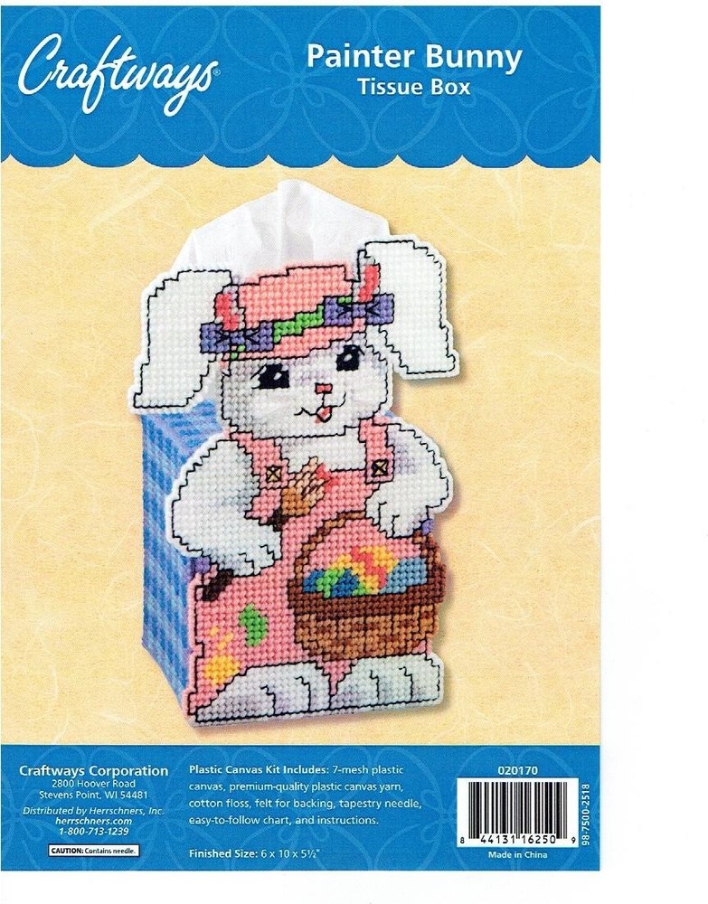 PAINTER BUNNY TISSUE BOX COVER  plastic canvas  PATTERN (#TF0010)