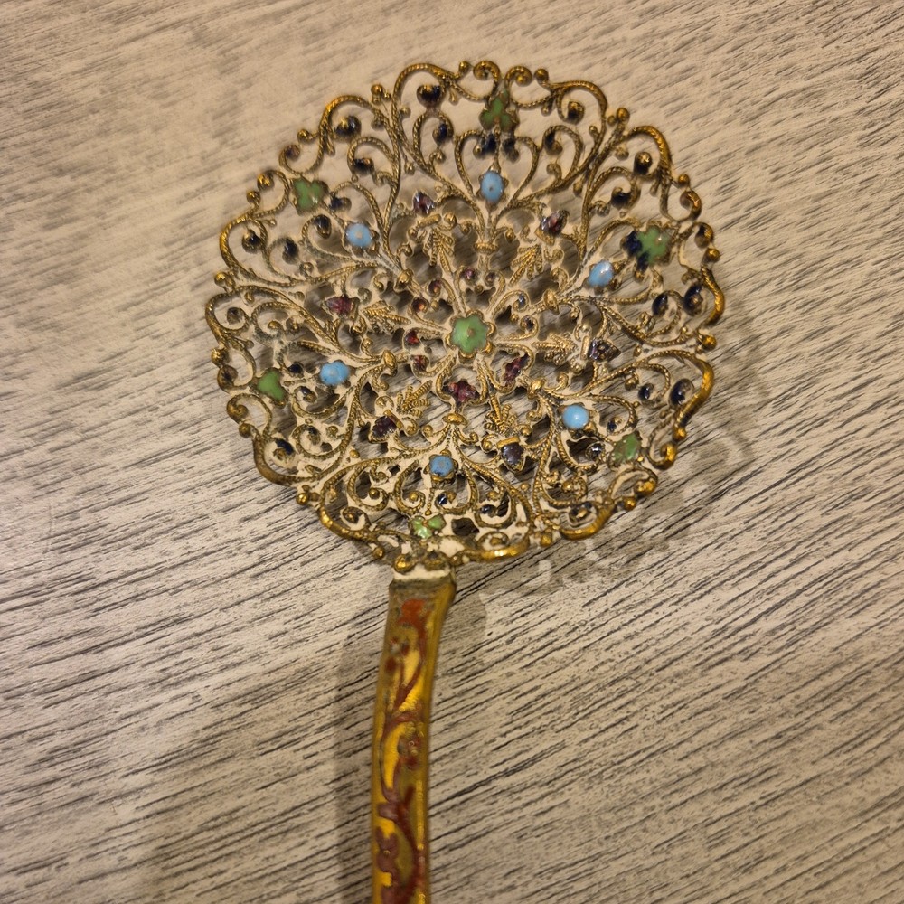 Antique French Brass Champleve Enamel Spoon 8"