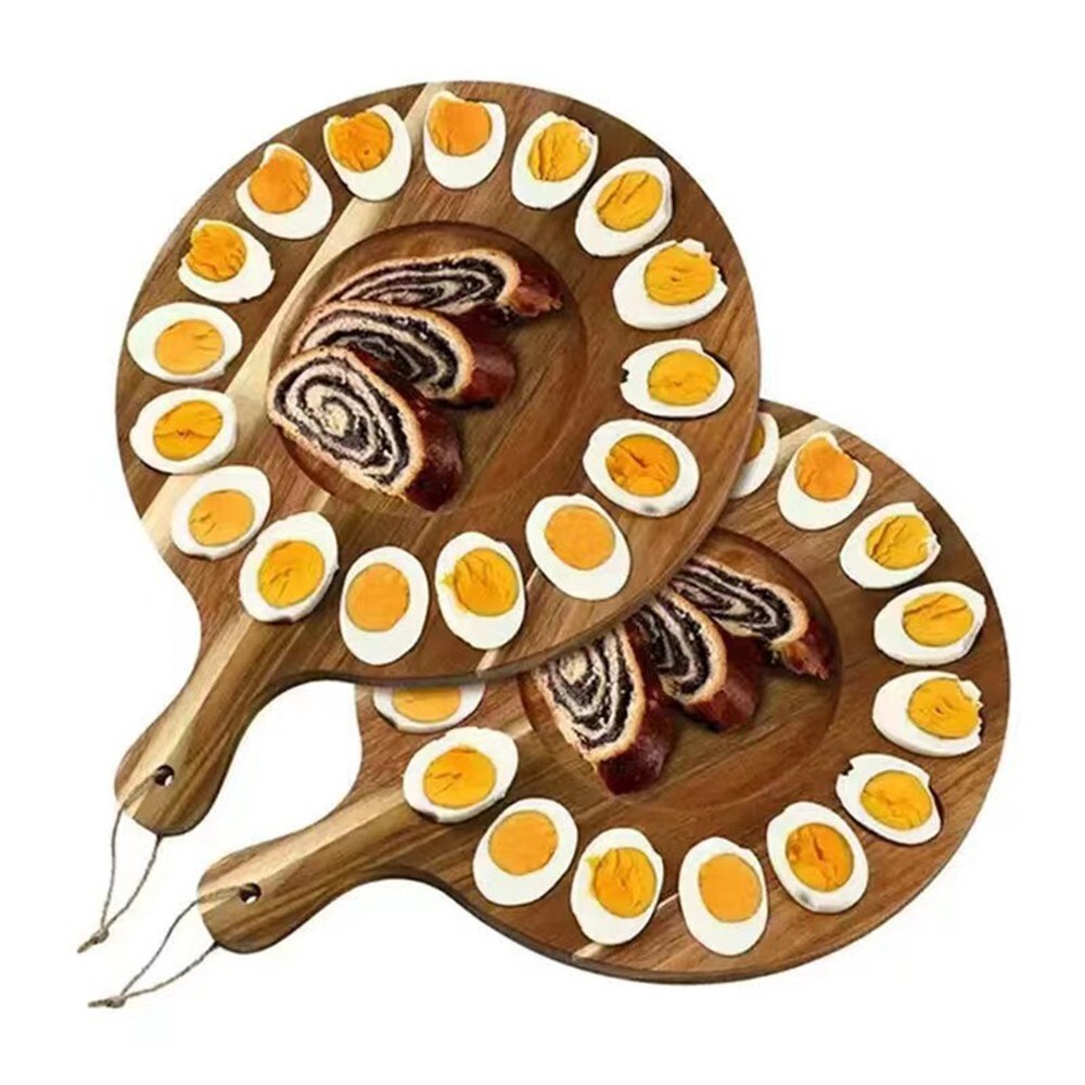 Egg Platter Storage Tray Round Wooden Plate with Handle 24 Deviled Egg Holder