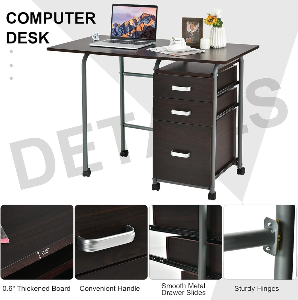 Folding Computer Desk with 3 Storage Drawers, Mobile Home Office Desk Study Writ