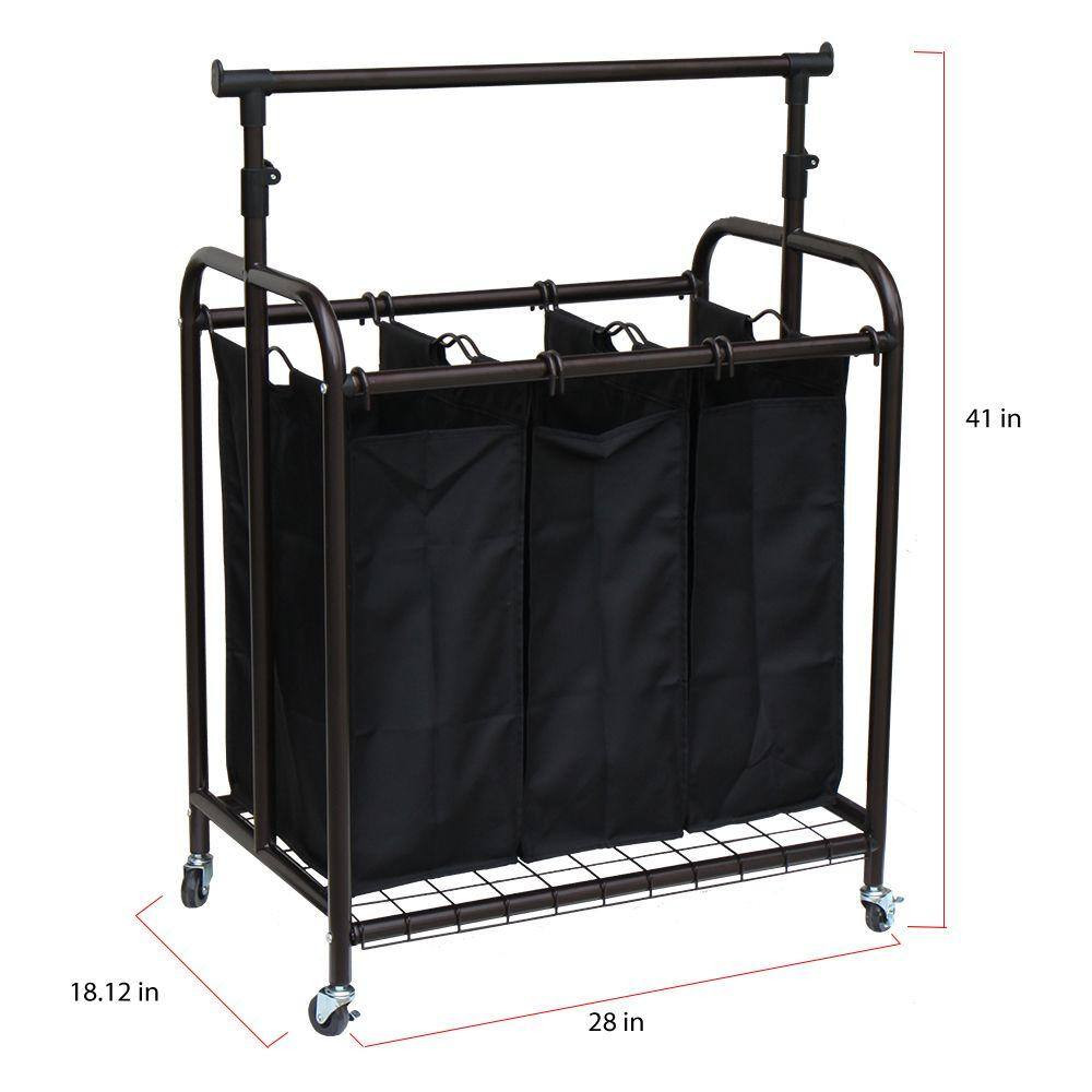 3-Bag Bronze Rolling Laundry Sorter with Hanging Bar