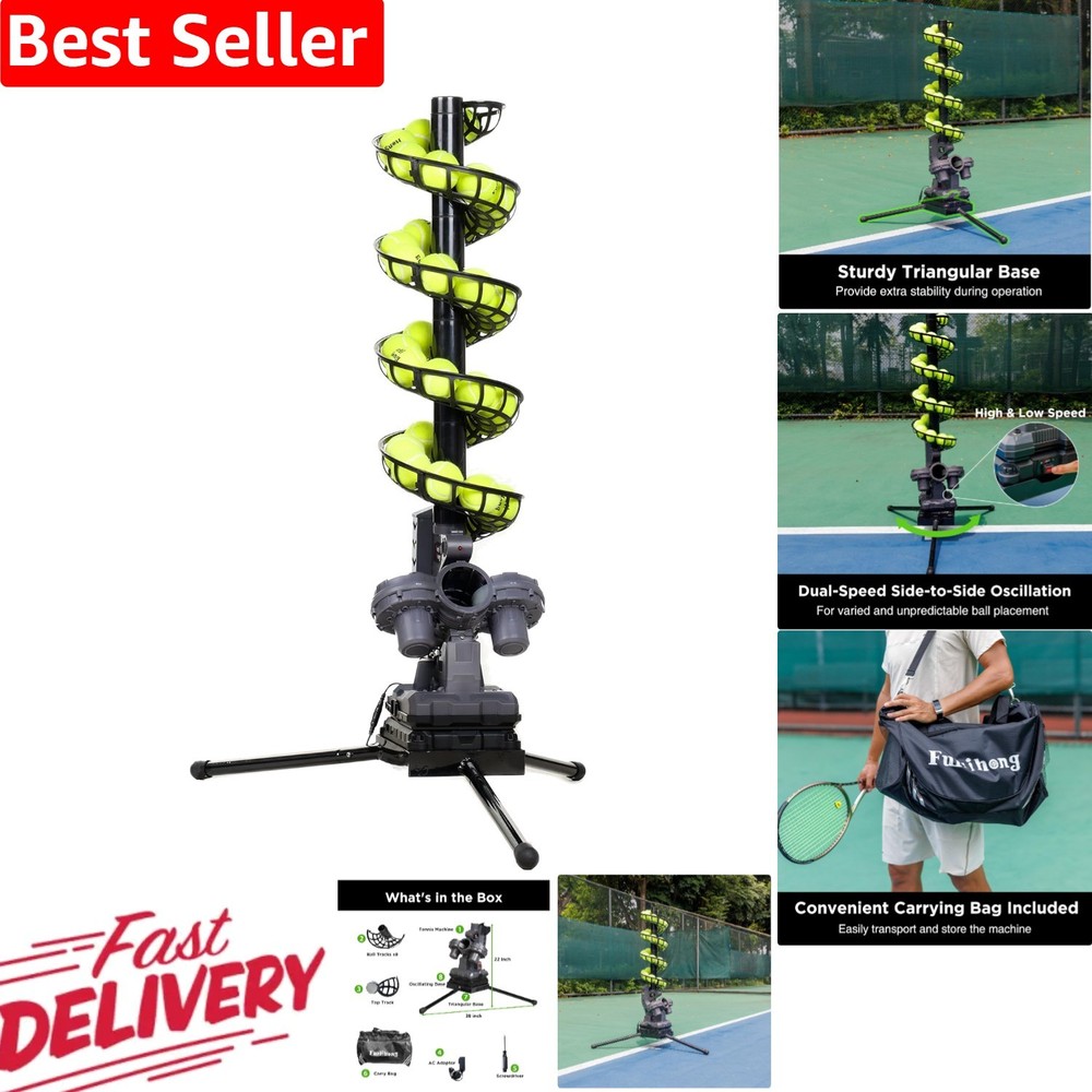 Tennis Ball Machine with Triangular Base Adjustable Speeds Oscillating Traini...