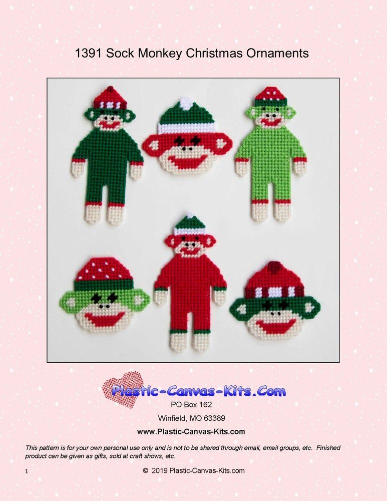 Sock Monkey Christmas Ornaments-Plastic Canvas Pattern or Kit