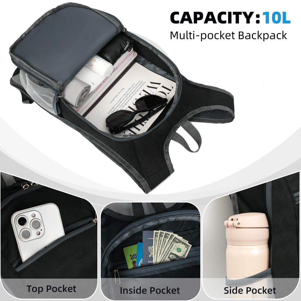 10L Small Travel Backpack, Black, Lightweight, Foldable, Packable, Hiking