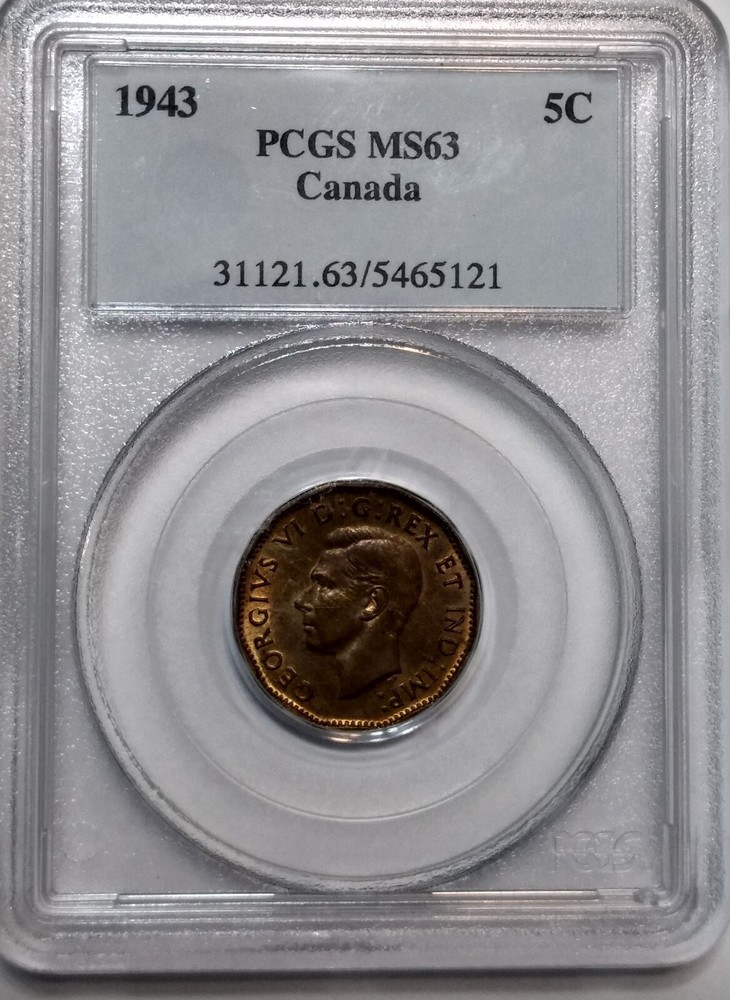1943 Canada 5 Cents PCGS MS63