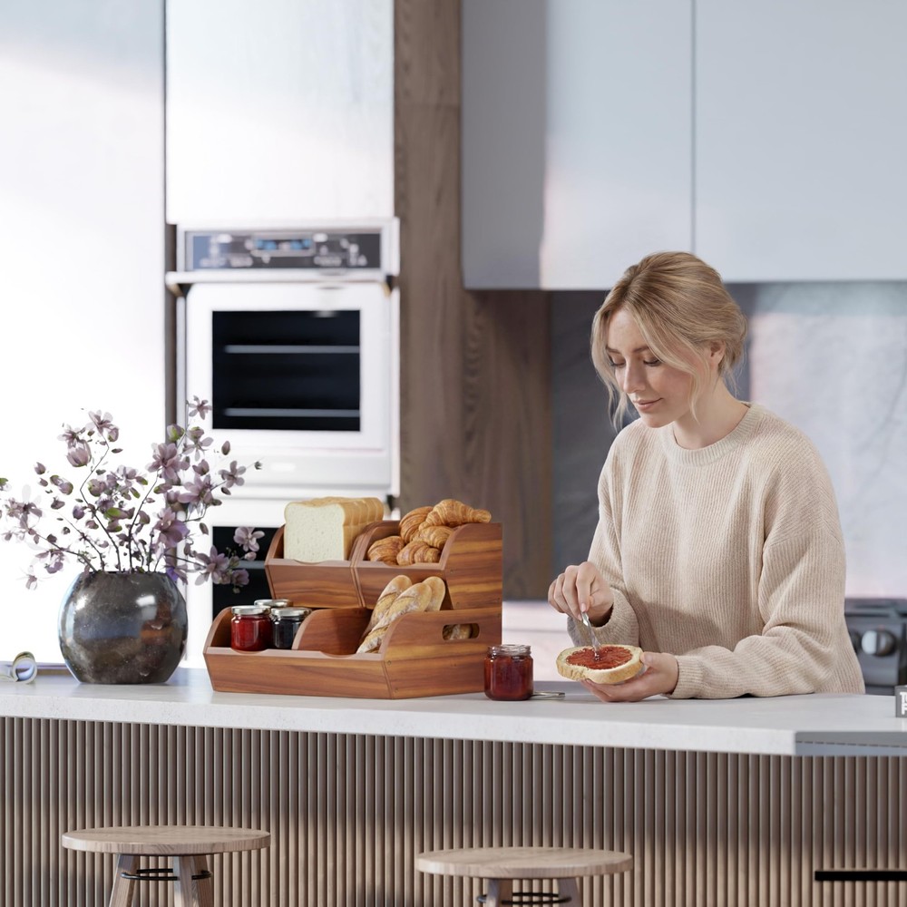 Acacia Wood Pantry Storage Bins – Stackable Open Front Kitchen Baskets for Po...