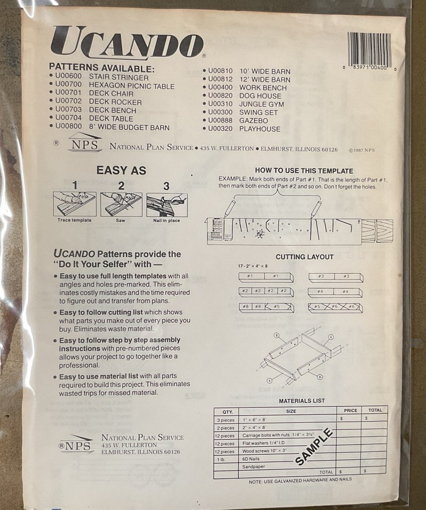 UCANDO U00400 4’ Work Bench Plans Rebagged With Material List NOS W/Templete