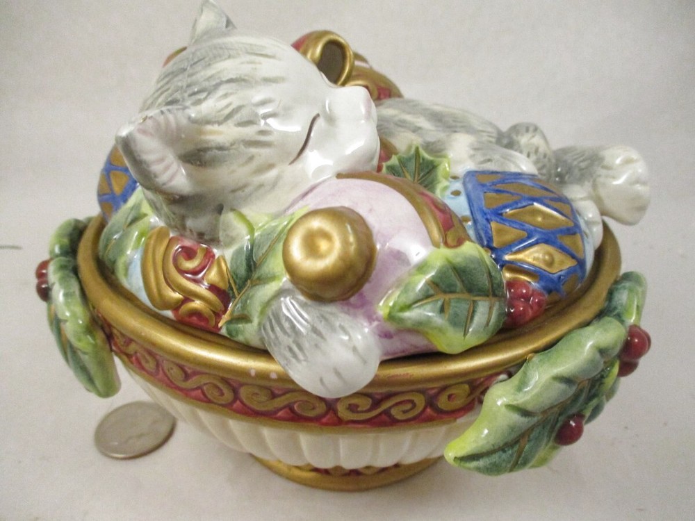 Fitz &; Floyd Essentials Christmas Kitty Cat Sleeping Fitted Lidded Candy Dish F