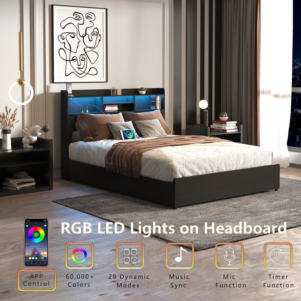 Full/Queen Size Platform Bed Frame w/ LED Lights & Storage Headboard & 4 Drawers