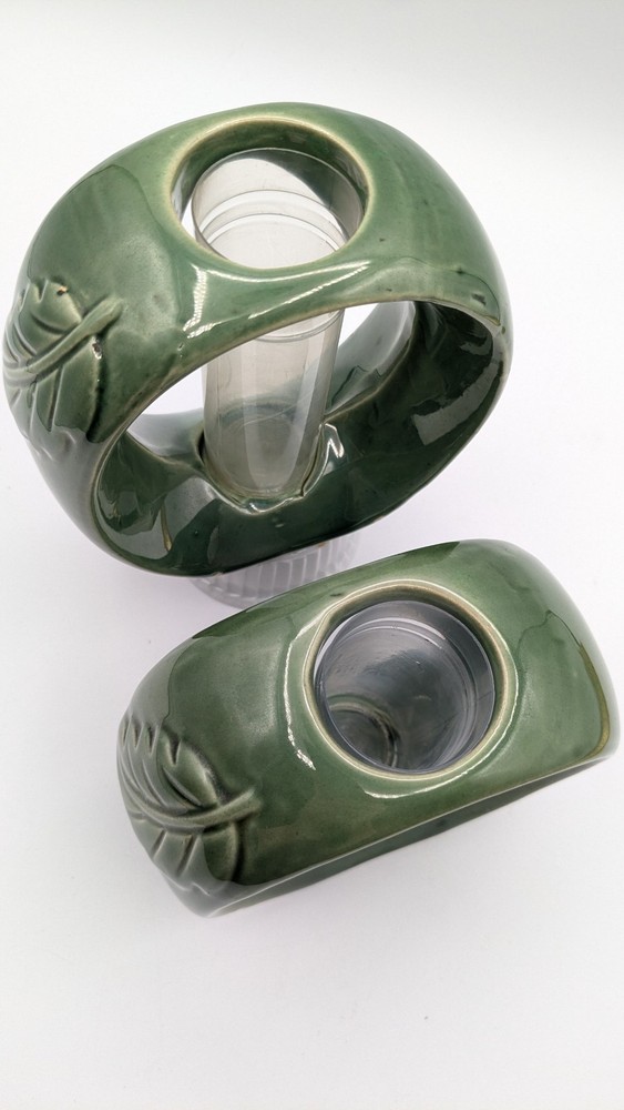 Vtg Ceramic Circular Bamboo Planters with Plastic Inserts Embossed Leaf Design