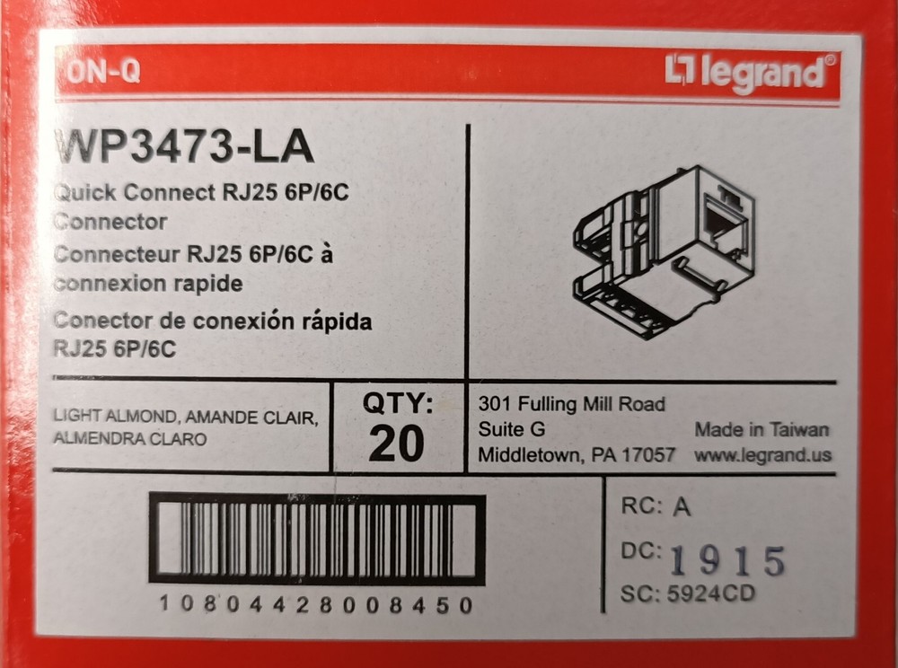 20x Legrand - Quick Connect RJ25 6P/6C Connector On-Q WP3473-LA