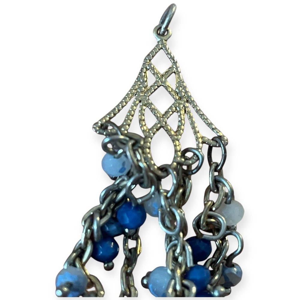 Long Silver Tone Chandelier Pendant | Blue Beaded Dangle Statement Charm