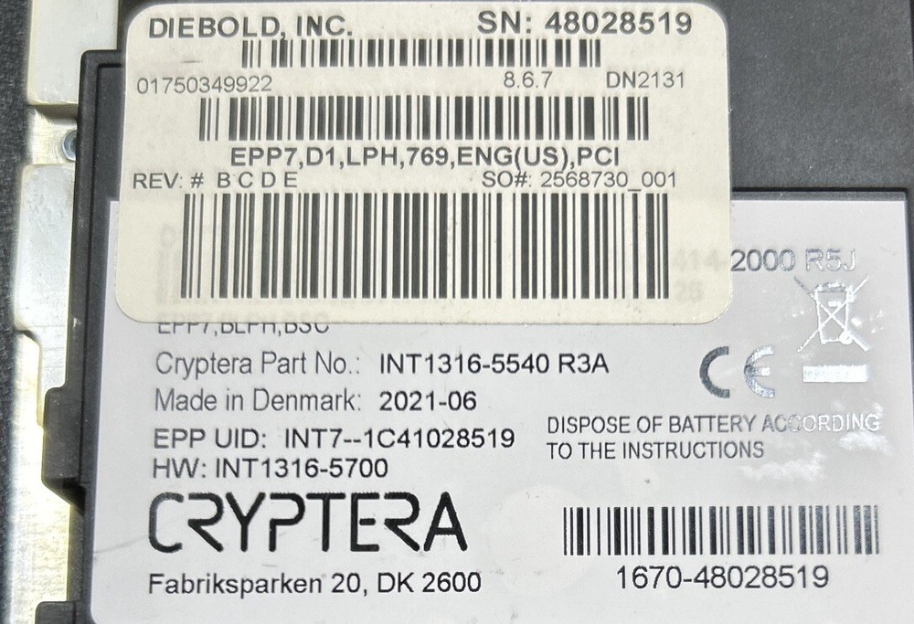 Diebold Keypad ATM EPP7,D1,LPH,769, ENG