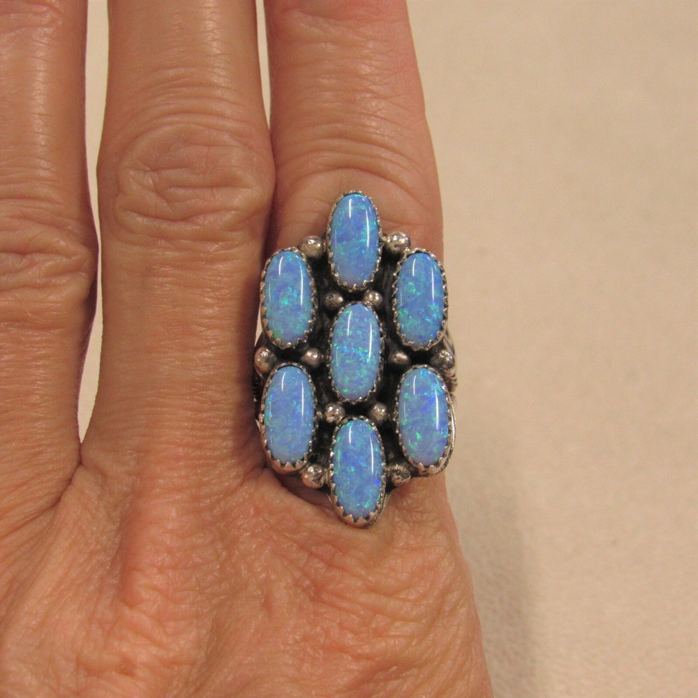 Roberta Begay Sterling Silver Lab Opal Ring+