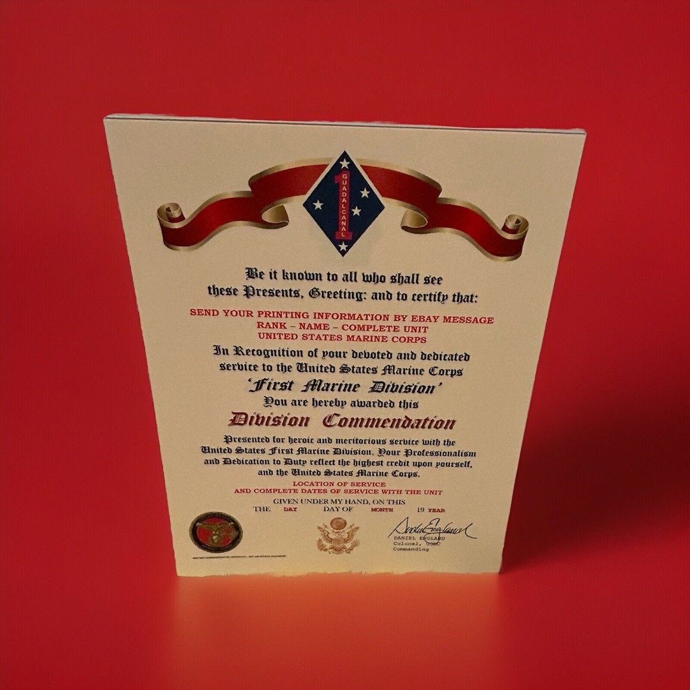 U.S.M.C. / FIRST MARINE DIVISION ~ DIVISION COMMENDATION REPLACEMENT CERTIFICATE