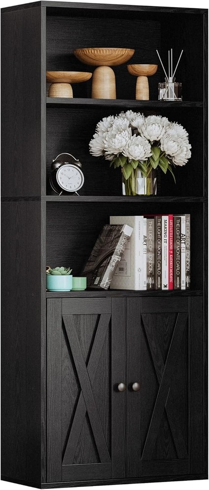 Five-tier display and storage bookcase with doors, 11.8 inches deep.