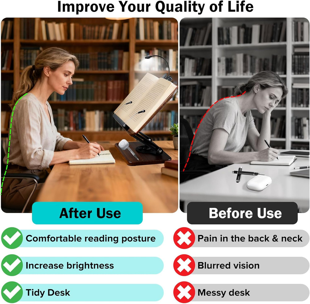 Wooden Book Stand with Light Storage Adjustable 360 Angle for Reading