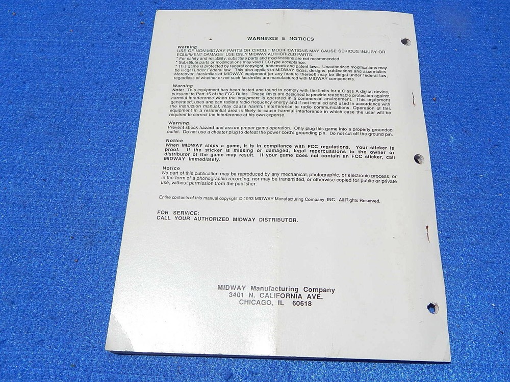 1993 Midway MORTAL KOMBAT KIT Operations Manual