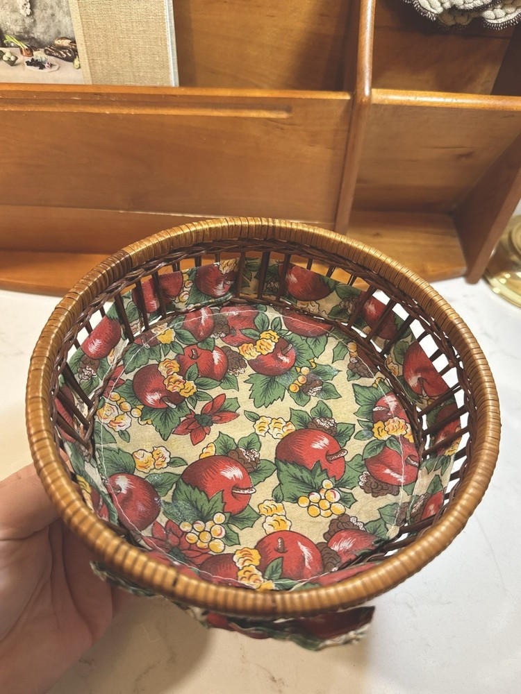 Small Round Wicker Bread Basket with Fruit Print Fabric Liner for Kitchen Decor