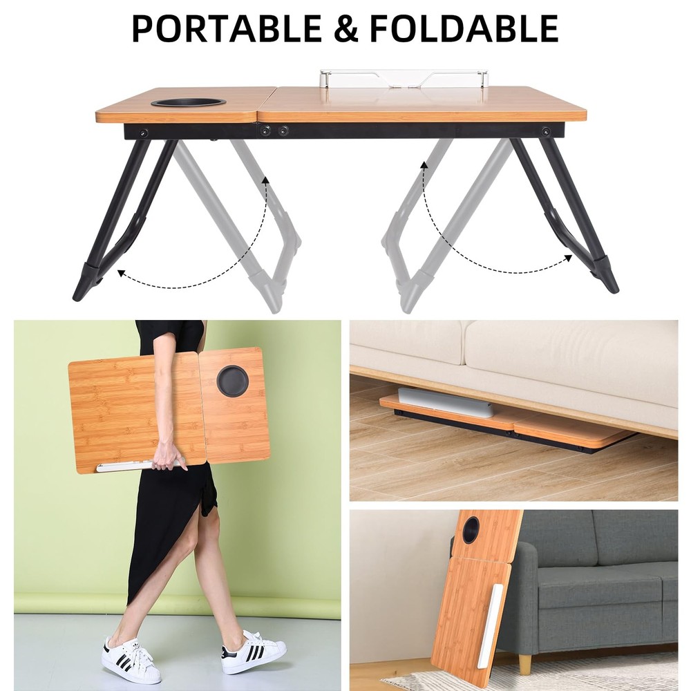 Adjustable Laptop Bed Table with Book Stand, Portable Reading Desk with Side ...