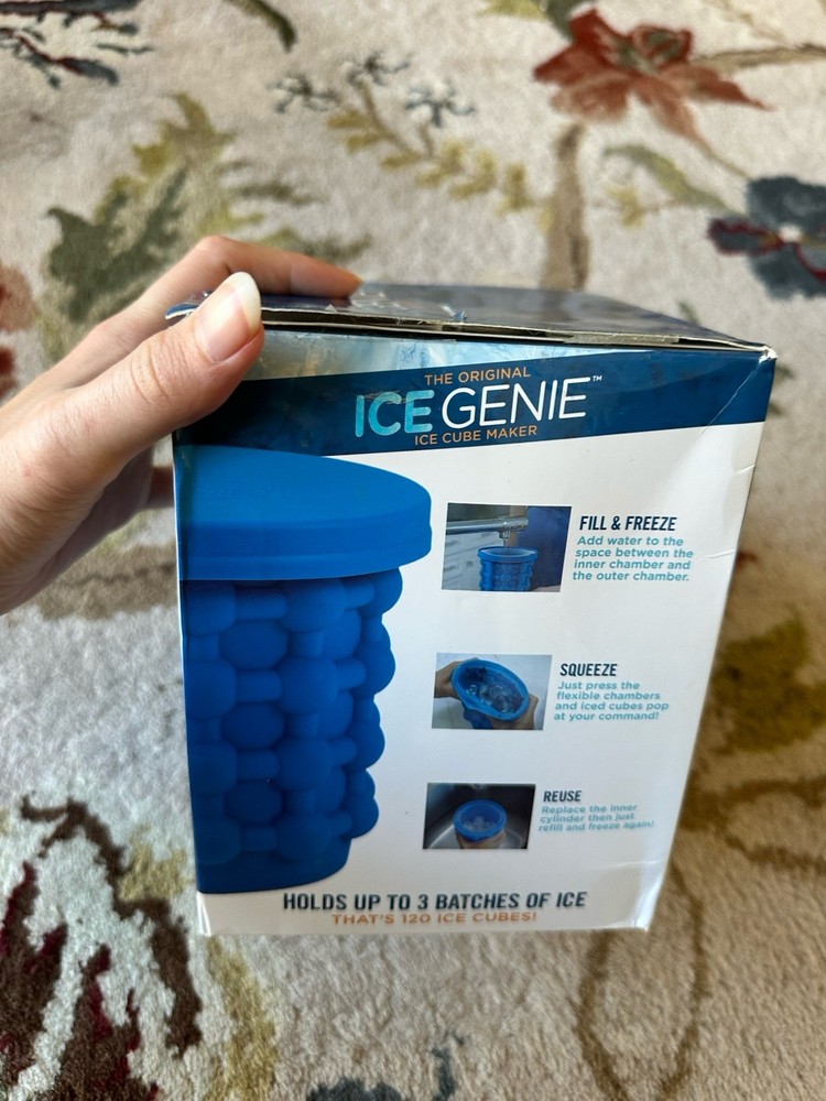 The Original ICE GENIE Ice Cube Maker! Freezer Space Saving 120 Cube Lid Blue