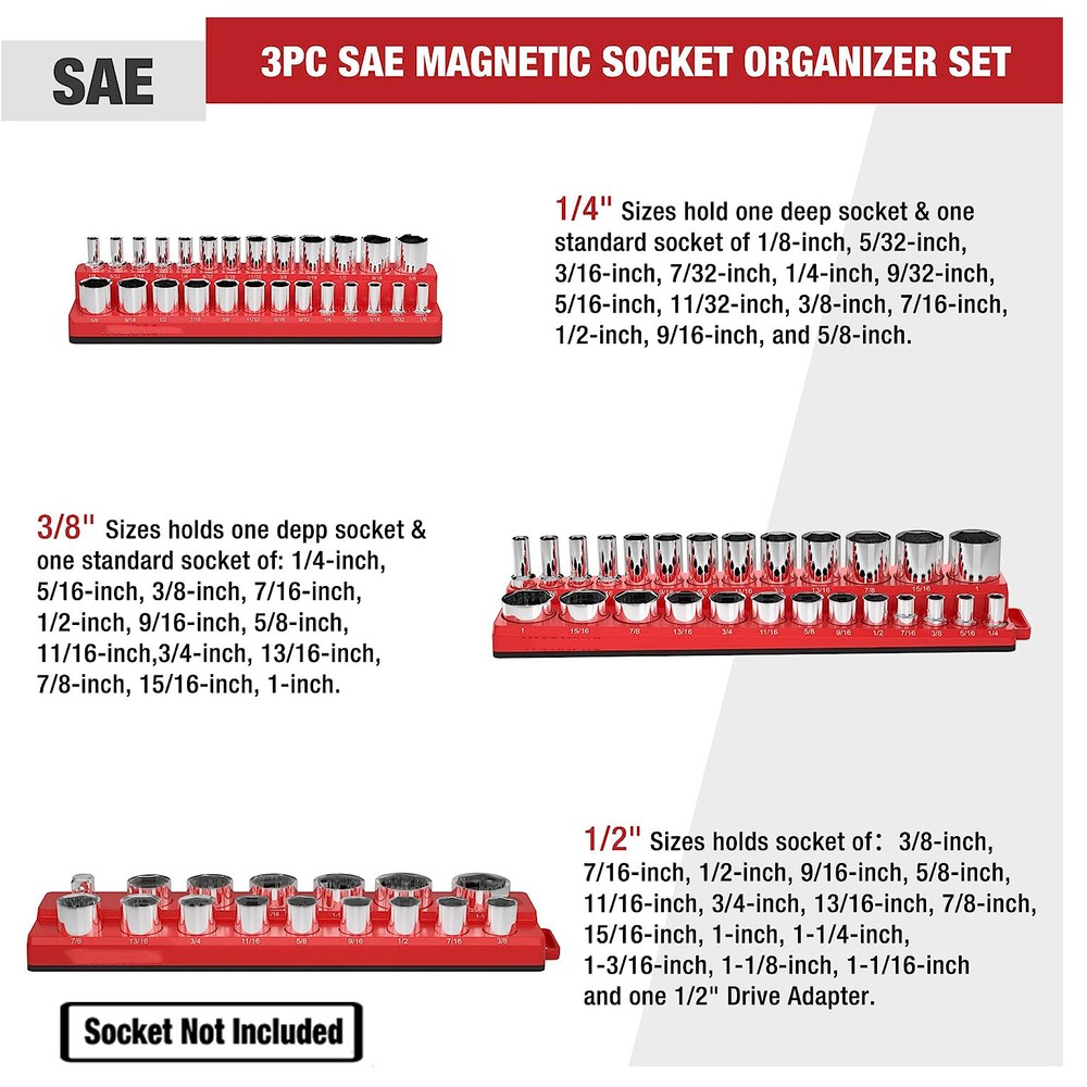3Pcs Magnetic Socket Organizer Storage Holder Tool 1/4" 3/8" & 1/2" Drive