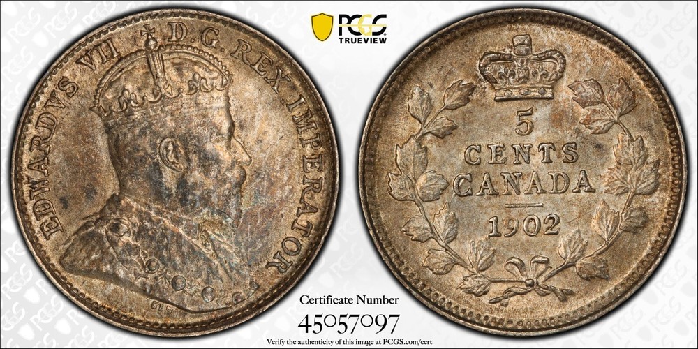 1902 Canada 5 Cent, PCGS MS-62 KM #9