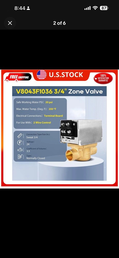 Honeywell V8043F1036 Zone Valve 3/4” 24V Motorized Hydronic Heating