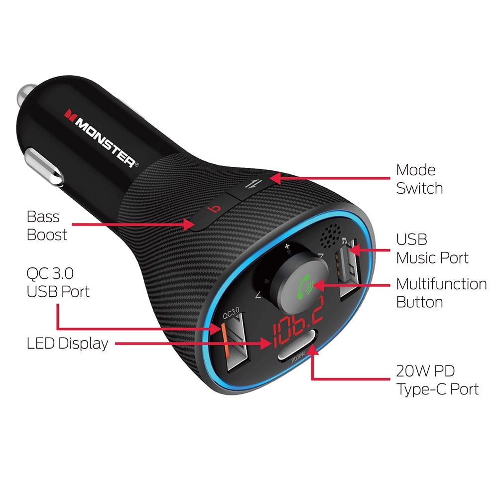 Bluetooth FM Transmitter & Dual Type-C 20W Car Charger, Compact Design
