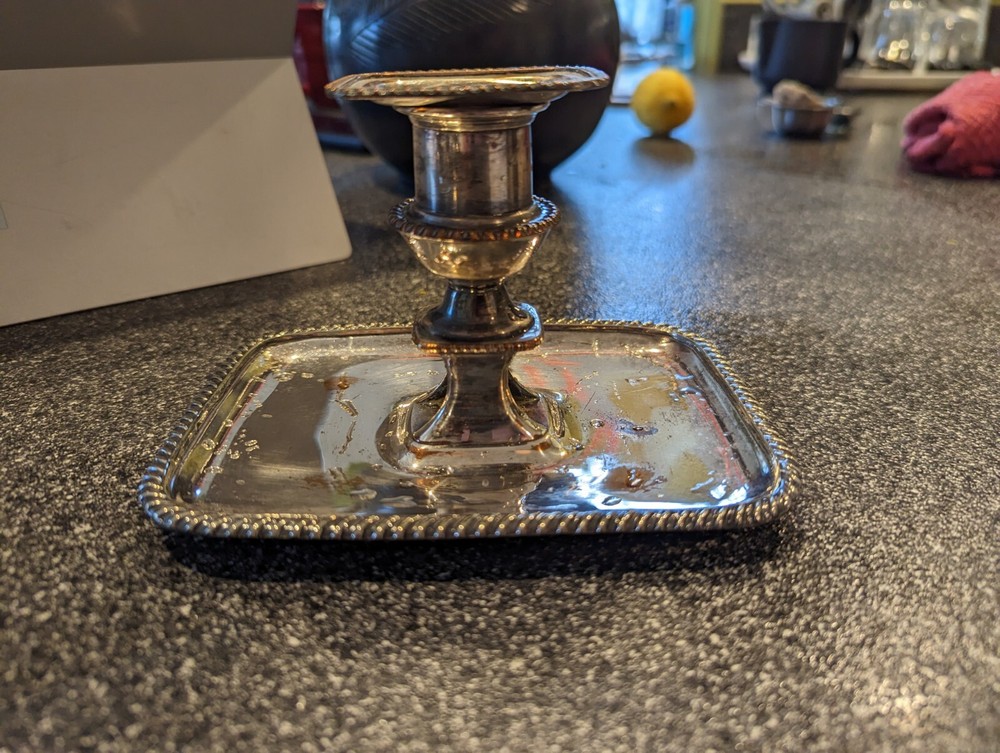 Rectangle Silver Plate on Copper Chamber Stick Candlestick c. 19th century