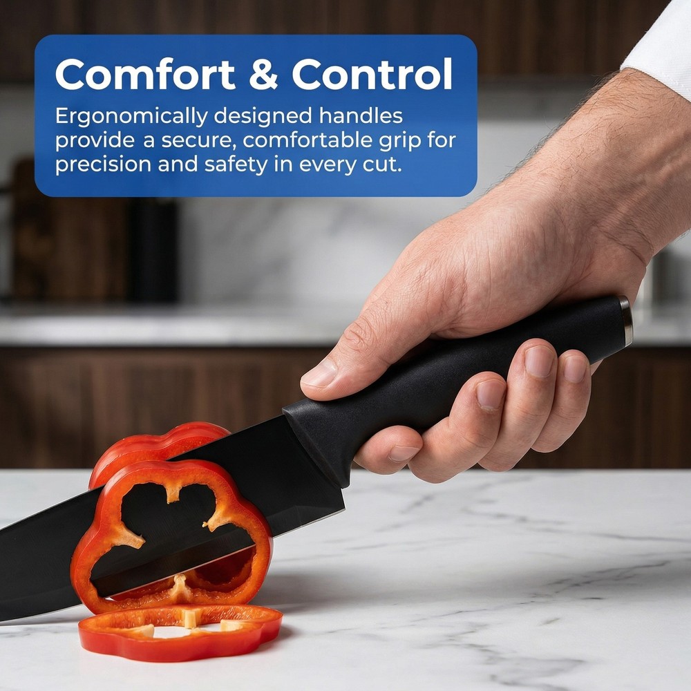 16 Pieces Professional Black Coding Kitchen Knife Block Set with Non-slip Handle
