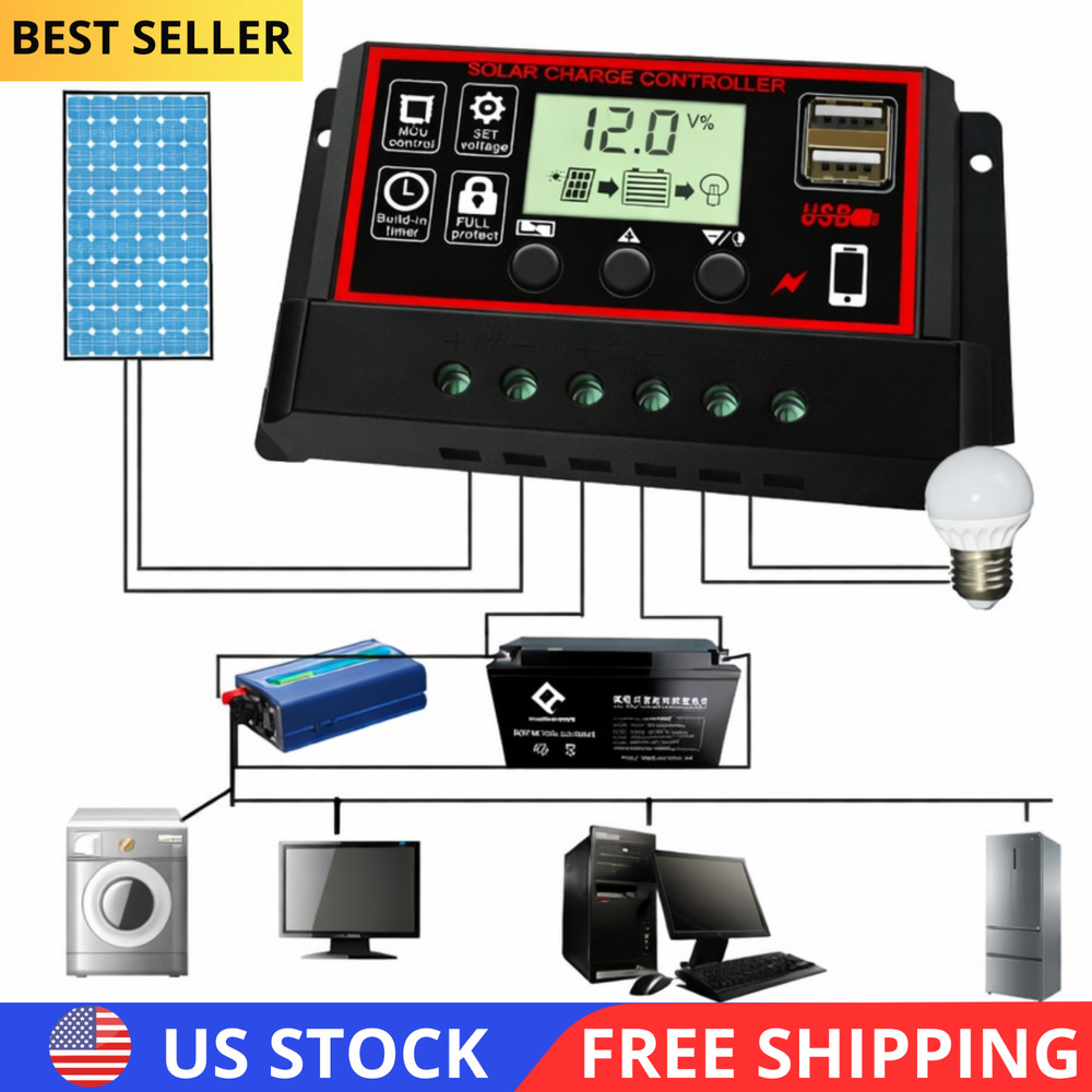 30A Solar Panel Battery Charge Controller 12V/24V LCD Regulator Auto Dual USB US