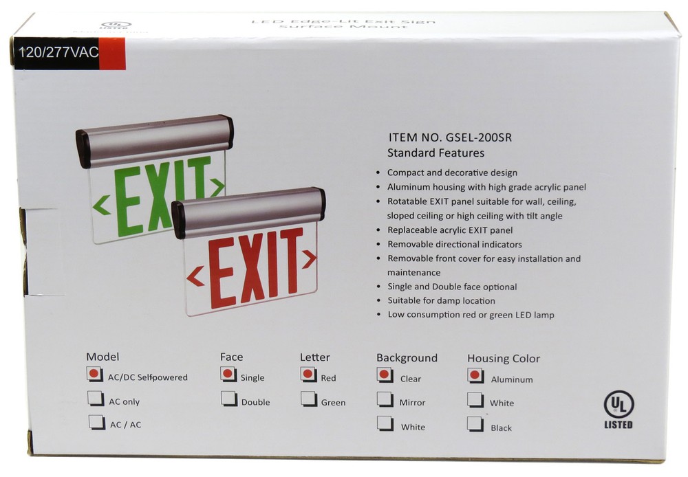 Kaito GSEL-200SR LED Edge-Lit Rotatable Exit Sign with Battery Backup - Red