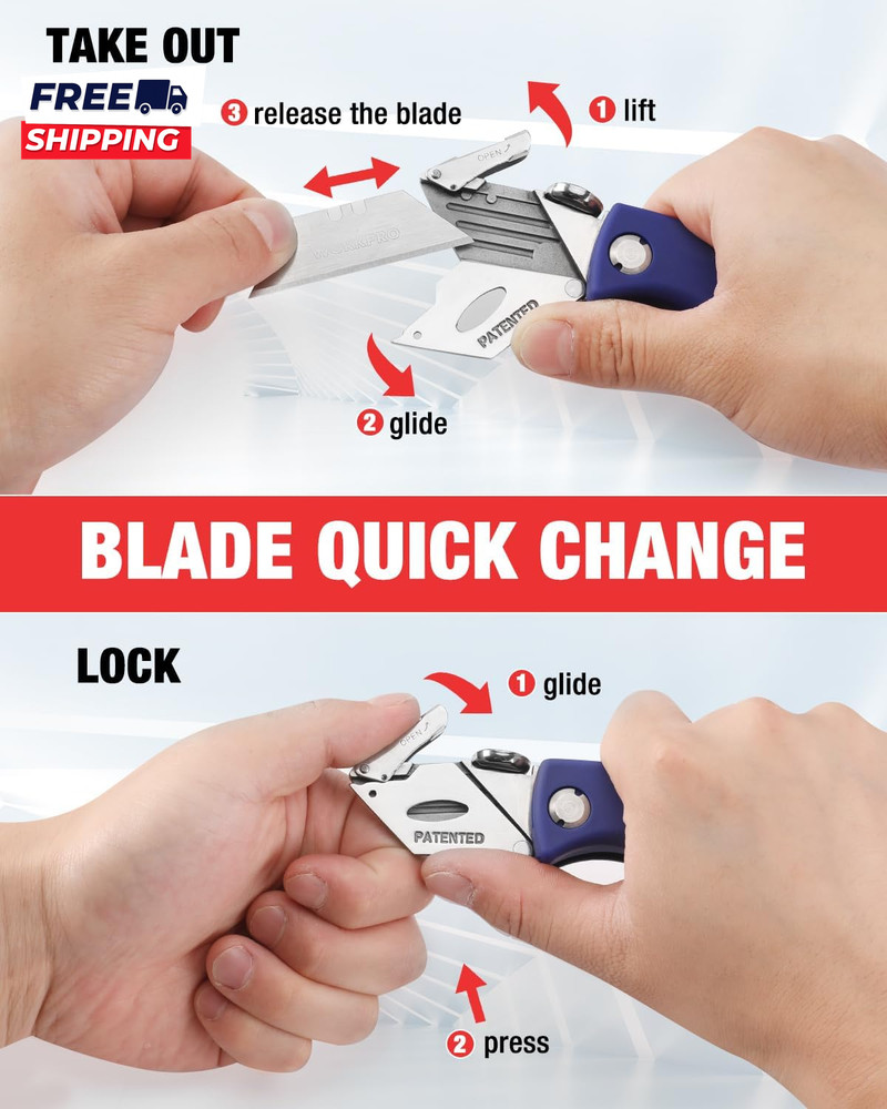 Folding Utility Knife, Quick-Change Box Cutter, Blade Storage in Handle with 5 E