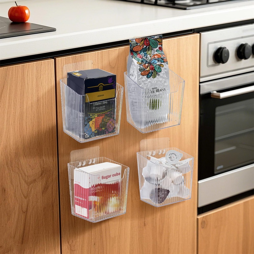 6 Pack Wall Mount Storage Bins Plastic Hanging Self-Adhesive Hooks Stackable