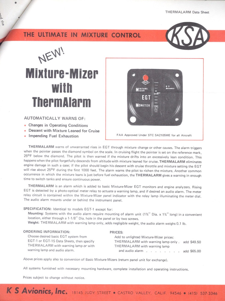 K S Avionics 1970 Mixture Mizer Product Specification & Price Sheets
