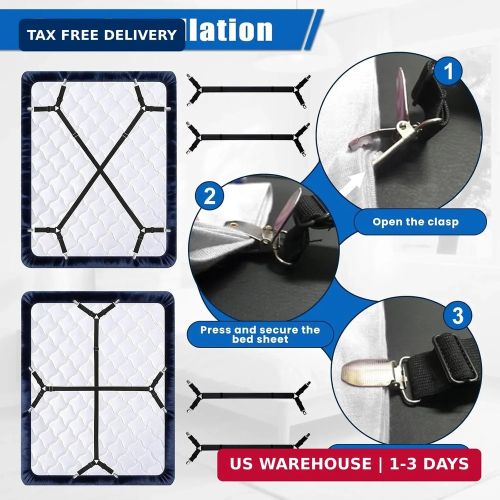 4pcs Bed Sheet Straps with Metal Clips, Sheet Holders Adjustable Elastic,Gripper