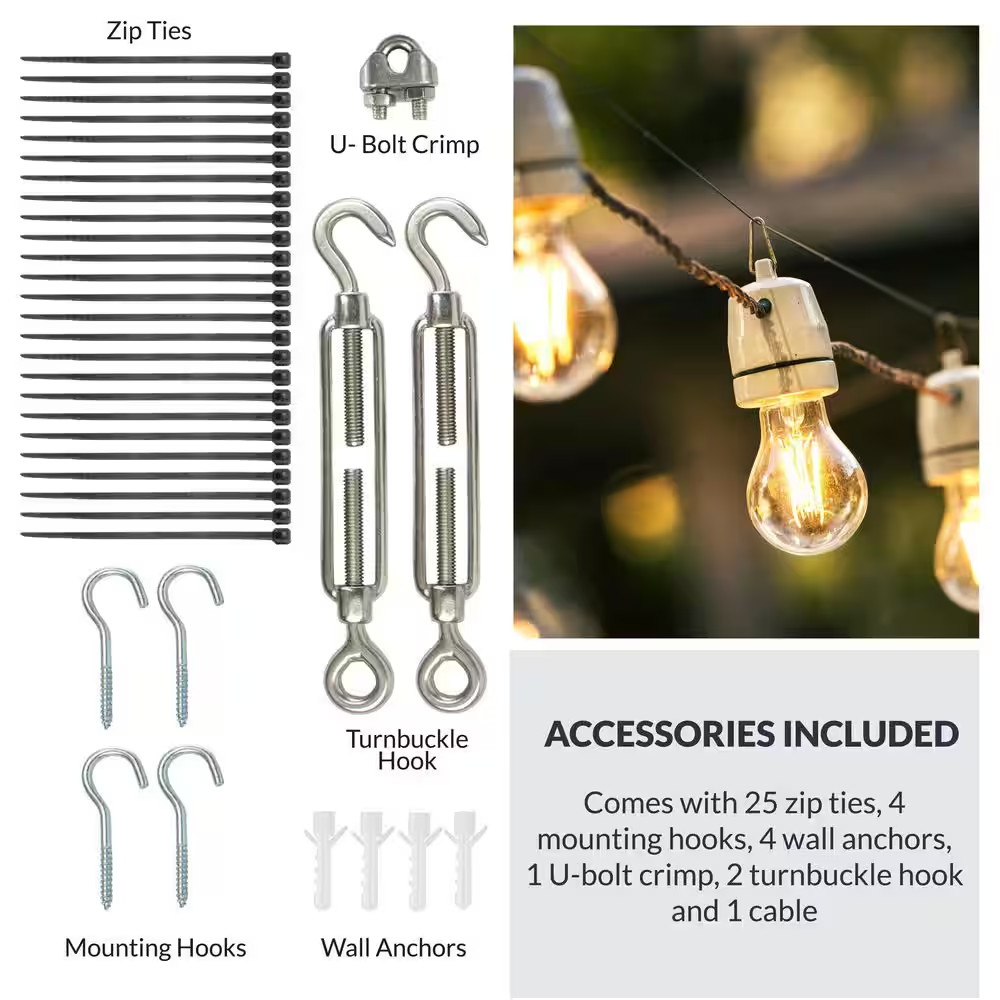 48 Ft. String Light Hanging, Mounting Kit, Wire, Mounting Hooks