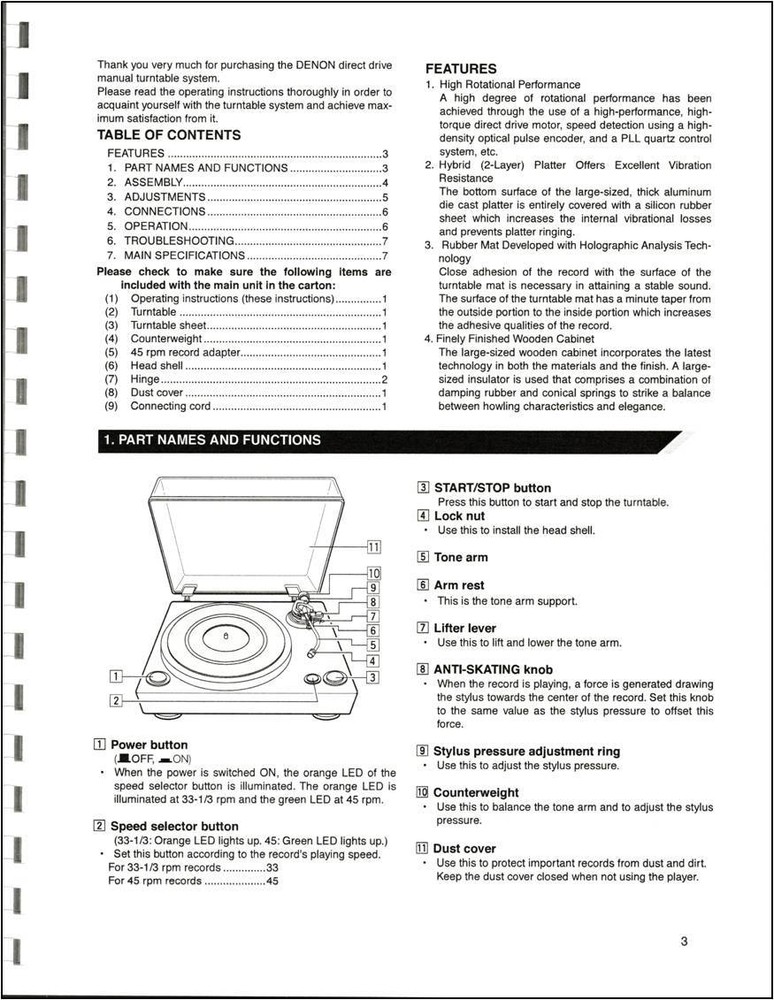 Denon DP-500M Turntable Owners Manual
