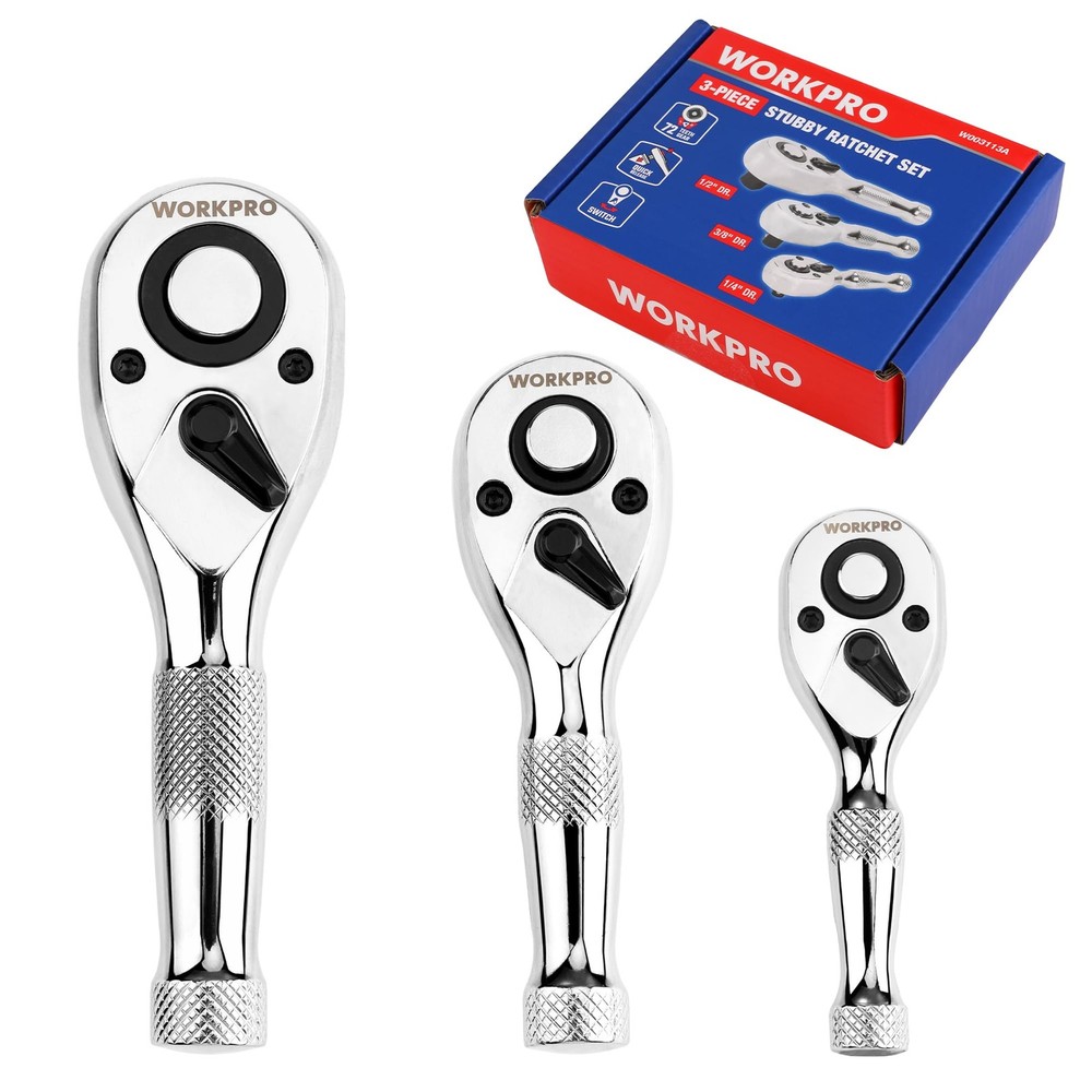 WORKPRO 3-Piece Stubby Ratchet Set, Quick Release 3pc ratchet set, Silver