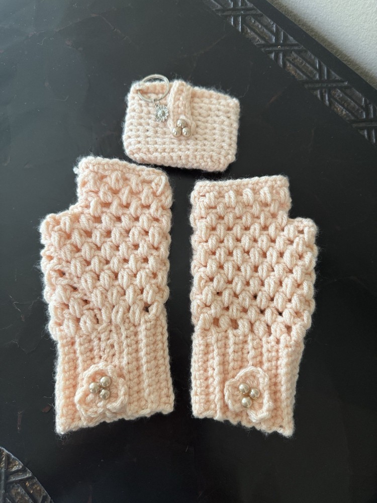 Fingerless Mittens With Key Chain Pocket Set, Handmade Crochet (Customized)