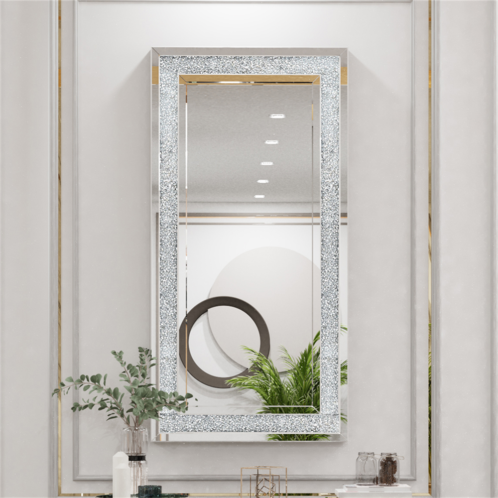 Large Crystal Crush Diamond Rectangle Silver Mirror Wall Hang Frameless Mirror