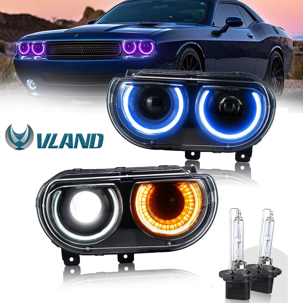 VLAND RGB LED Headlights+D2H Bulbs For Dodge Challenger 2008-2014 Projector Set